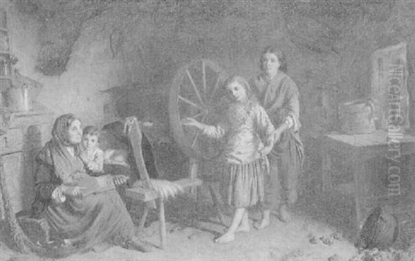 A Spinning Lesson Oil Painting by George Washington Brownlow