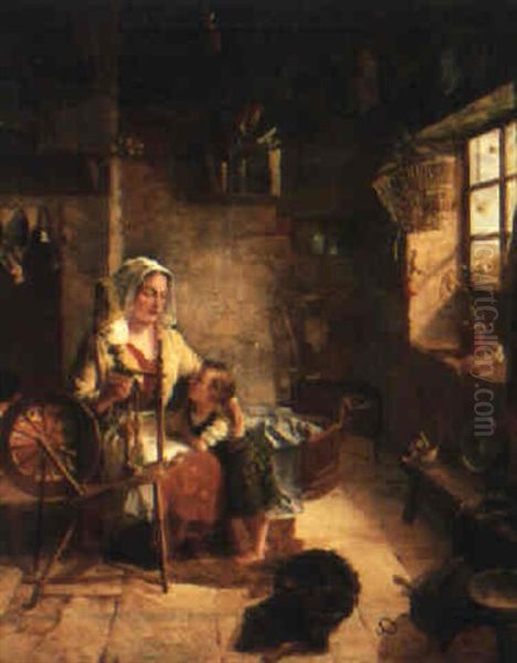 A Spinning Lesson Oil Painting by George Washington Brownlow