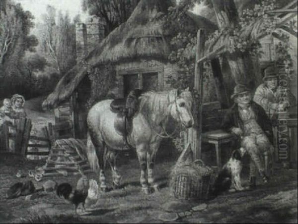 Figures And A Pony By A Rustic Homestead Oil Painting by George Washington Brownlow