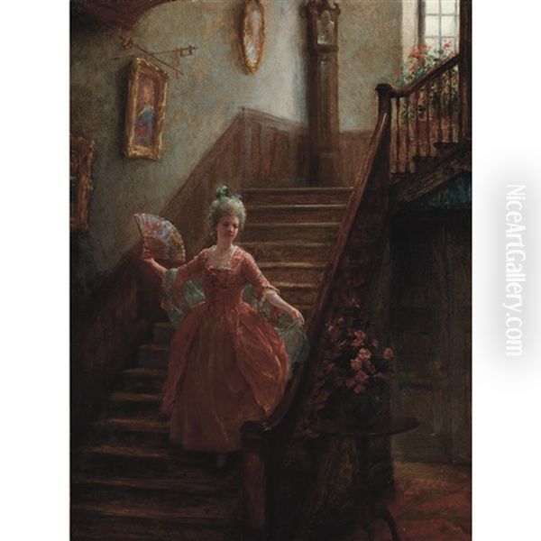 Descending The Staircase Oil Painting by Jennie Augusta Brownscombe