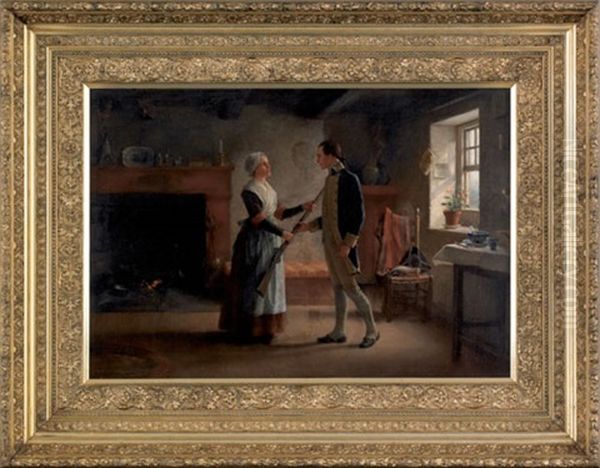 Interior Scene Depicting A Revolutionary Soldier Bidding Farewell To His Wife by Jennie Augusta Brownscombe