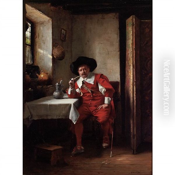 Seated Cavalier Smoking A Pipe In An Interior Oil Painting by Vaclav Brozik