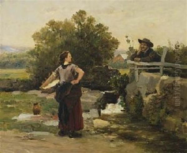 Wascherin Und Bursche Am Bachufer Im Gesprach Oil Painting by Vaclav Brozik