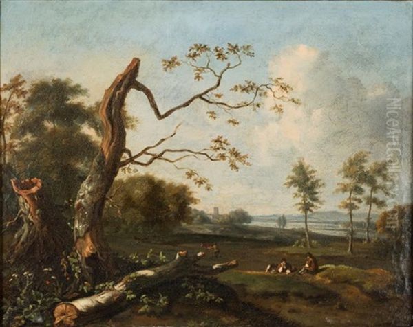 Vue De Campagne Avec Deux Villageois Au Repos Oil Painting by Lazare (Eleazard) Bruandet