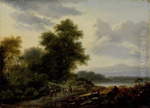 Landschaft Mit Hirt Und Zwei Kuhen Oil Painting by Lazare (Eleazard) Bruandet