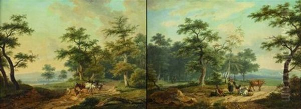 Scenes Pastorales (pair) Oil Painting by Lazare (Eleazard) Bruandet