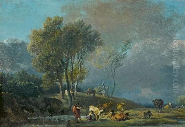 Bergers Et Leur Troupeau Dans Un Paysage Oil Painting by Lazare (Eleazard) Bruandet