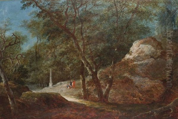 Paysage Rocheux, Des Personnages Devant Un Obelisque Oil Painting by Lazare (Eleazard) Bruandet