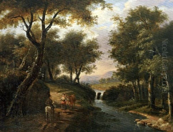 Le Petit Pont De Bois (+ La Rencontre; 2 Works) Oil Painting by Lazare (Eleazard) Bruandet