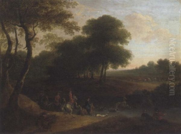 A Stag Hunt In A Wooded Landscape Oil Painting by Lazare (Eleazard) Bruandet