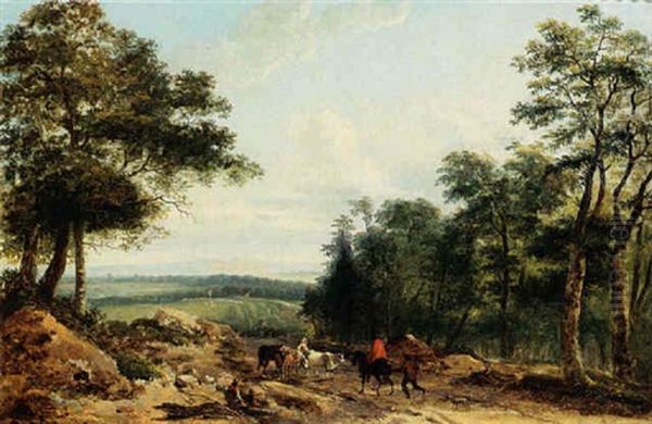 A Wooded Landscape With A Shepherdess And Her Cattle On A Path Together With A Horseman Oil Painting by Lazare (Eleazard) Bruandet