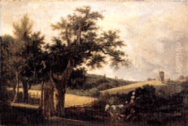 Paysage D'ete Aux Environs De Paris, A Montfermeil, Ou La Rentree Du Troupeau Oil Painting by Lazare (Eleazard) Bruandet