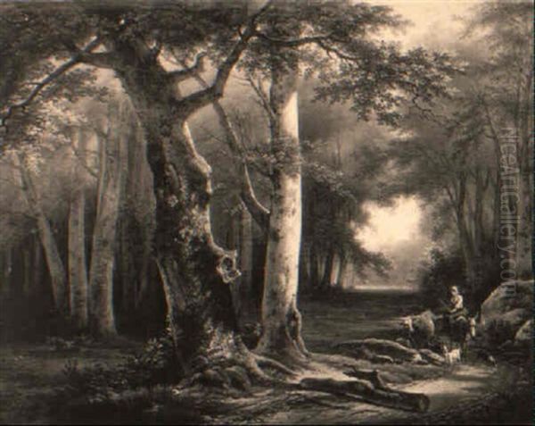 Sous-bois Avec Une Paysanne Sur Un Ane Avec Un Troupeau Oil Painting by Lazare (Eleazard) Bruandet