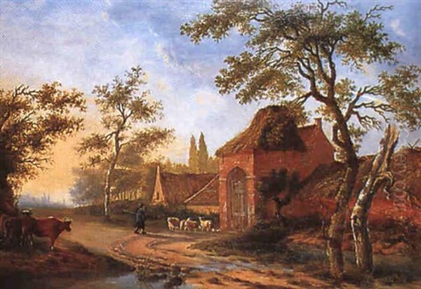 Le Retour Du Troupeau A La Ferme Oil Painting by Lazare (Eleazard) Bruandet