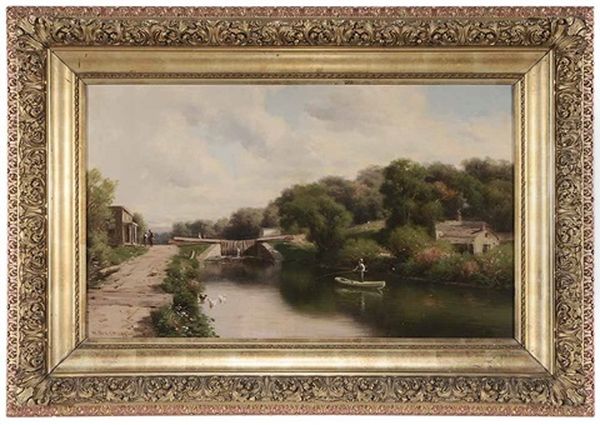 View Of A Canal Lock Oil Painting by William Bruce