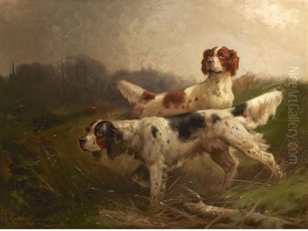 Two Setters Working A Field Oil Painting by William Bruce