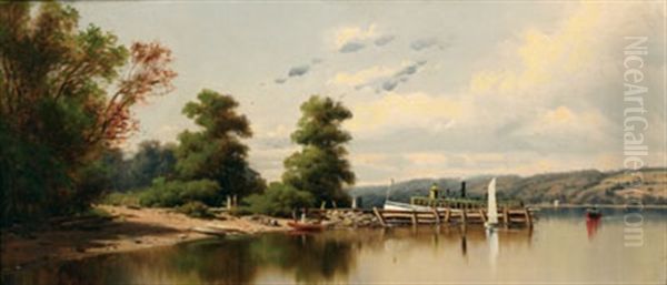 Riverbank With Figures And Boats Oil Painting by William Bruce