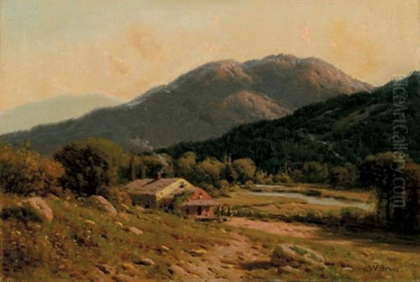 Figures By A Cottage In A Mountain Landscape Oil Painting by William Bruce