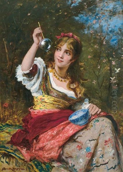 Girl Blowing Bubbles Oil Painting by Lajos Bruck