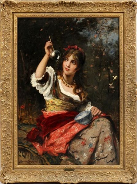 Girl Blowing Bubbles Oil Painting by Lajos Bruck