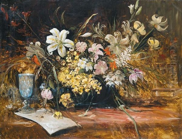 Still Life With Flowers Oil Painting by Lajos Bruck