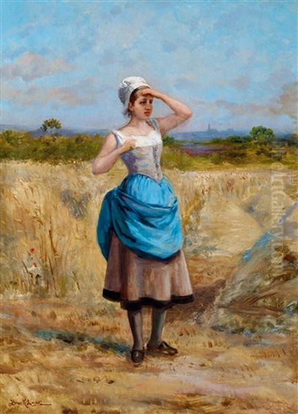 In The Fields (french Girl) Oil Painting by Lajos Bruck