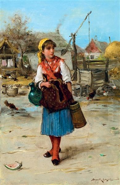 Girl With Red Kerchief Oil Painting by Lajos Bruck