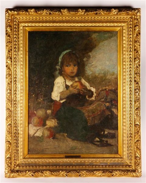 Child With An Apple Oil Painting by Lajos Bruck