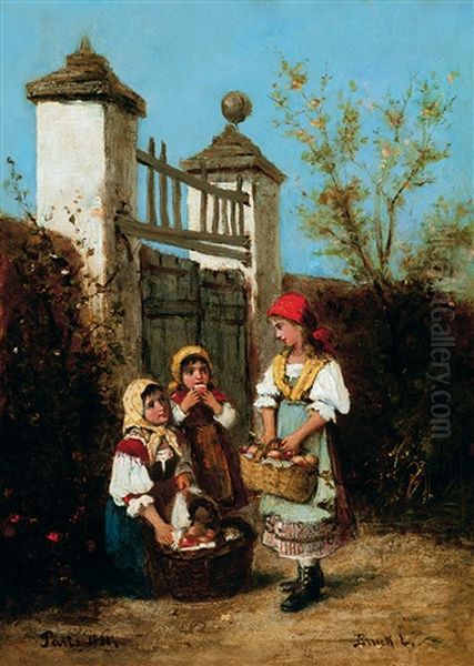 Girls In The Garden Oil Painting by Lajos Bruck