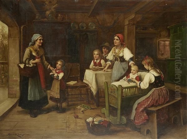 A Happy Welcoming Oil Painting by Lajos Bruck