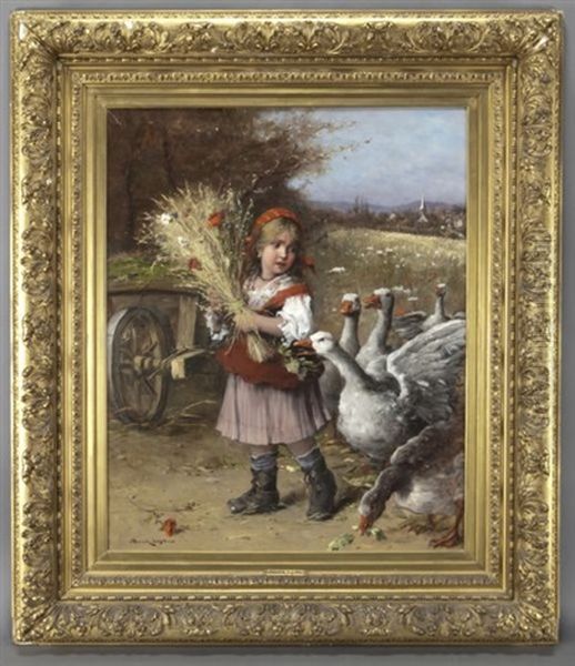 Village Girl With Geese Oil Painting by Lajos Bruck