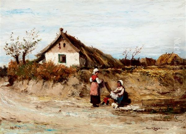 Village Scene With Girls Oil Painting by Lajos Bruck