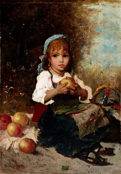 Girl With Apples Oil Painting by Lajos Bruck