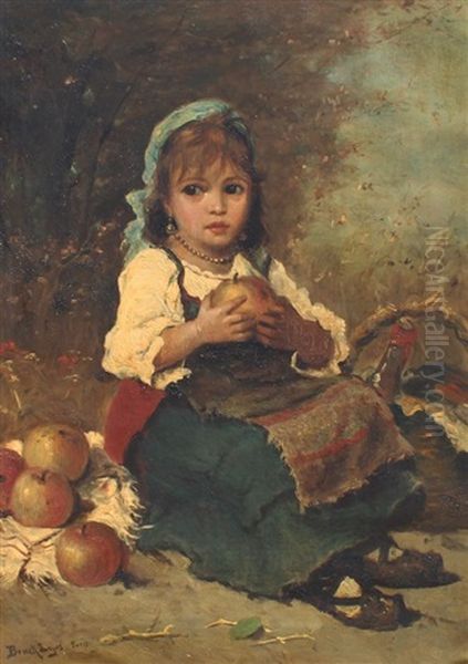 Young Peasant Girl With Apples by Lajos Bruck