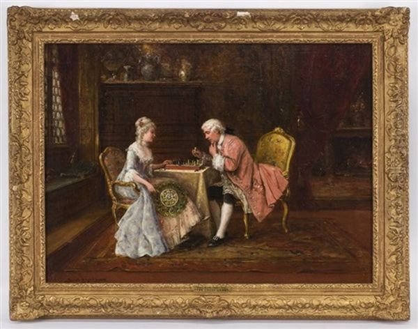 Couple Playing Chess Oil Painting by Lajos Bruck