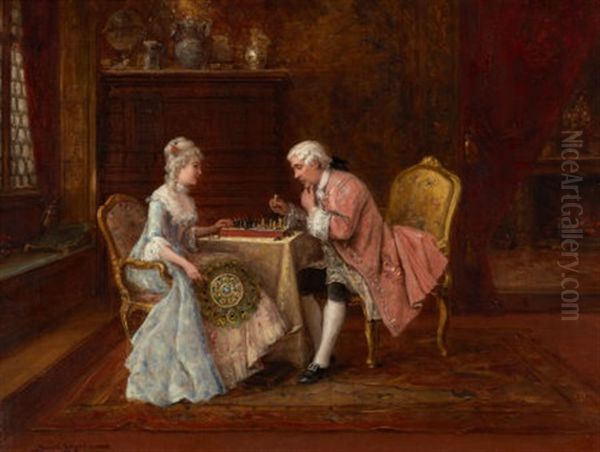 The Chess Game Oil Painting by Lajos Bruck