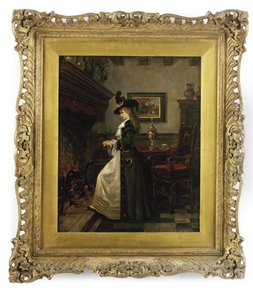 An Elegant Lady, Warming Herself By The Fireside Oil Painting by Lajos Bruck