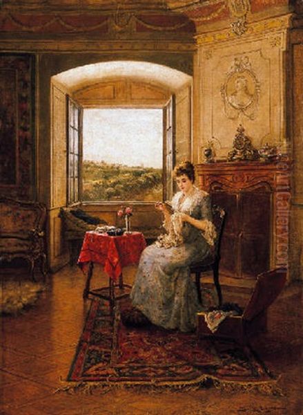 Himzo No (a Woman, Sewing) Oil Painting by Lajos Bruck