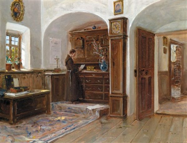 Interieur Mit Jungem, Lesenden Kapuzinermonch Oil Painting by Lajos Bruck