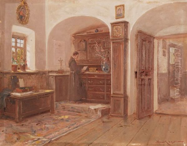 Interieur Mit Jungem Kapuziner-monch Oil Painting by Lajos Bruck