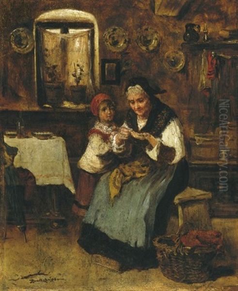 Nagymama Az Unokaval (grandmother With With Her Grandchild) Oil Painting by Lajos Bruck