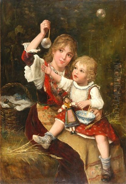 Zwei Schwestern Beim Spiel Mit Seifenblasen Oil Painting by Lajos Bruck