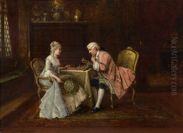 The Chess Game Oil Painting by Lajos Bruck