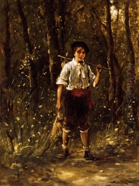 Kisfiu Erdoben (little Boy In The Wood) Oil Painting by Lajos Bruck