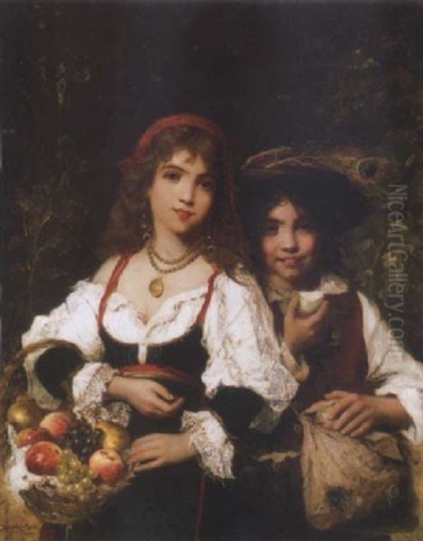 Gyumolcsarusok (fruit Sellers) Oil Painting by Lajos Bruck