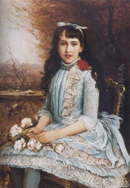 Kekruhas Lany Rozsakkal (girl In Blue Dress, With Roses) Oil Painting by Lajos Bruck