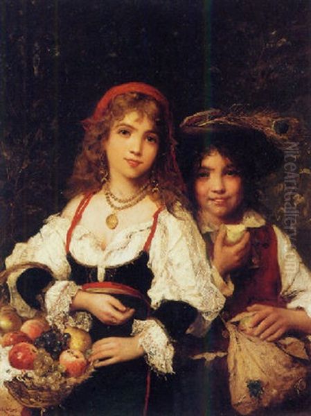 Two Children With Fruit Oil Painting by Lajos Bruck