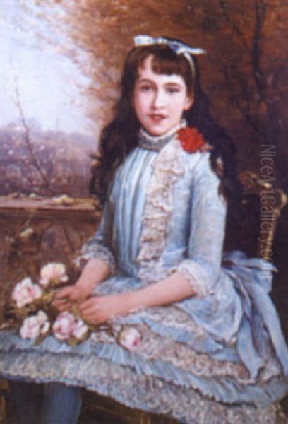 Portrait Of A Girl Seated On A Chair Wearing A Blue Lace-trimmed Dress Oil Painting by Lajos Bruck