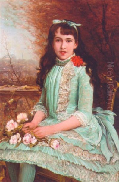 Portrait Of A Girl In A Blue Dress With Lace Trim, Holding A Bouquet Of Roses In Her Hands Oil Painting by Lajos Bruck