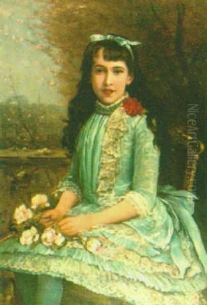 Portrait Of  A Girl Wearing A Pale Blue Dress Oil Painting by Lajos Bruck